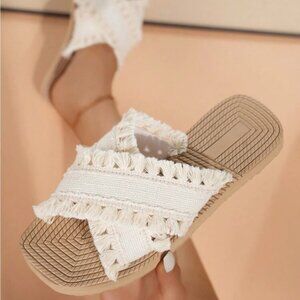 ⚠️Clearance Women's Cream Fringe Slide Flat Sandals
